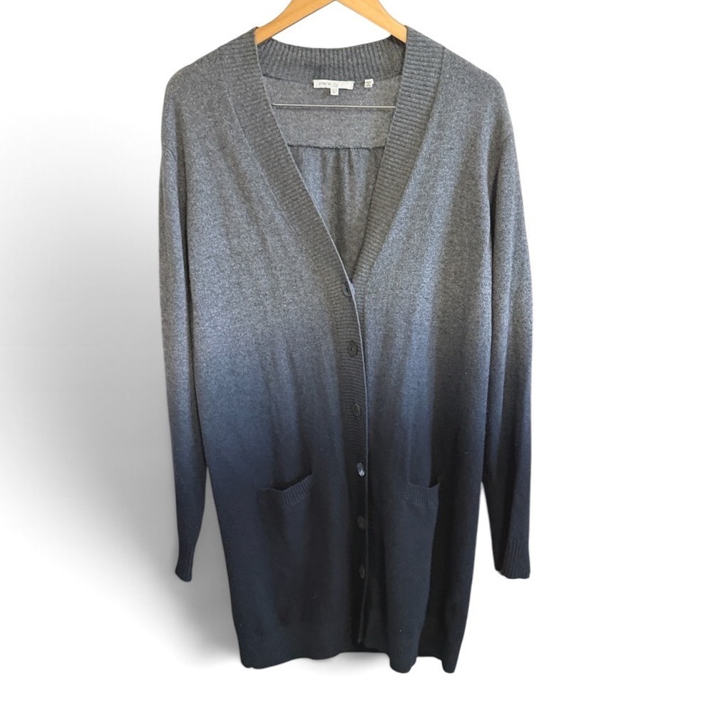 Vince Cardigan Womens L Grey Ombre Cashmere Longline V-Neck Button Front Pockets